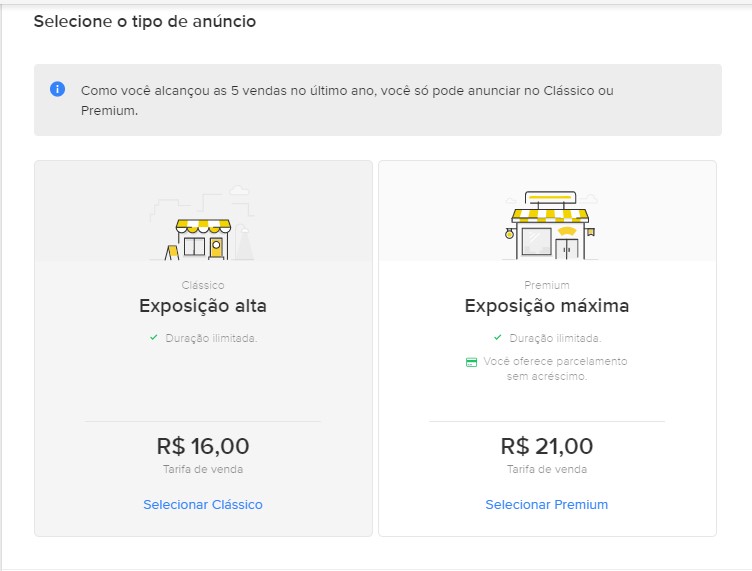 Diferença preço anúncio clássico e premium